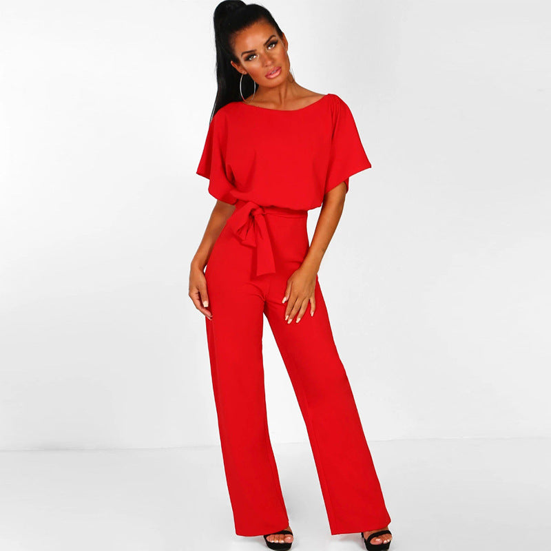 Damen Eleganter Weit Beins Jumpsuit mit Bindegürtel WW