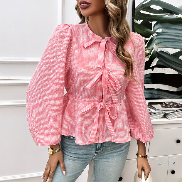 Damen Bluse mit dekorativen Bändchen und Volantärmeln WW