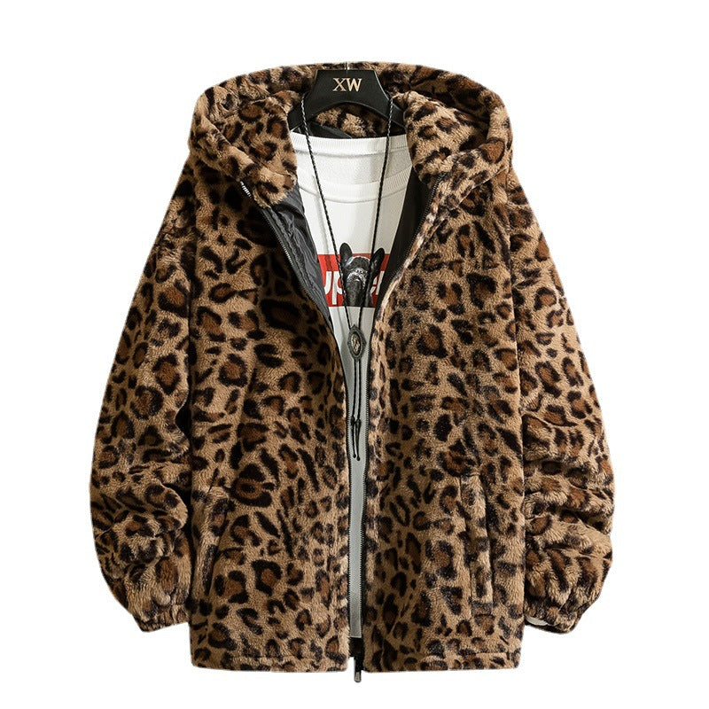 Damen kuschelige Fleecejacke mit Leopardenmuster und Kapuze WW