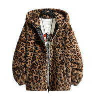 Damen kuschelige Fleecejacke mit Leopardenmuster und Kapuze WW