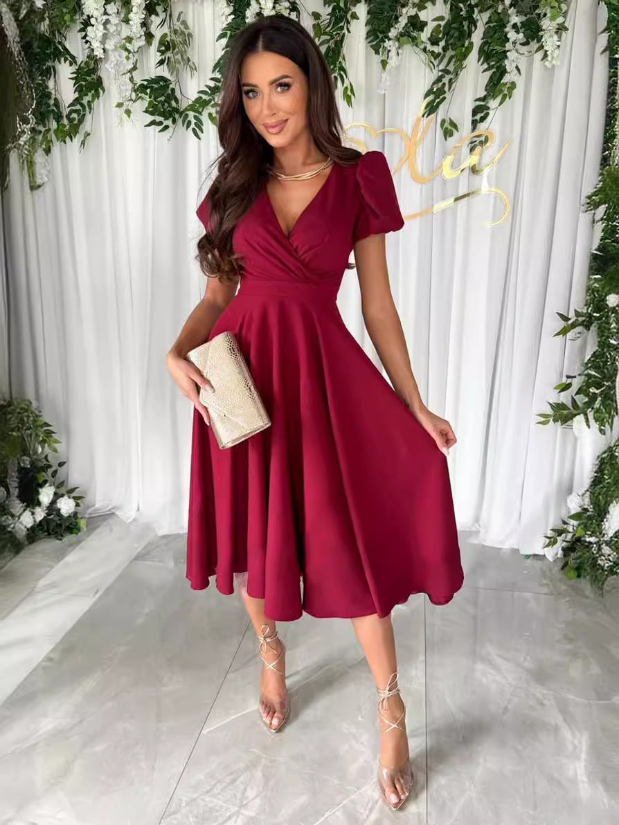 Damen elegantes Wickelkleid mit bezaubernden Puffärmeln WW