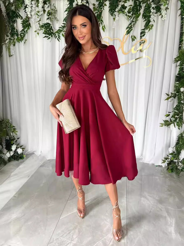 Damen elegantes Wickelkleid mit bezaubernden Puffärmeln WW