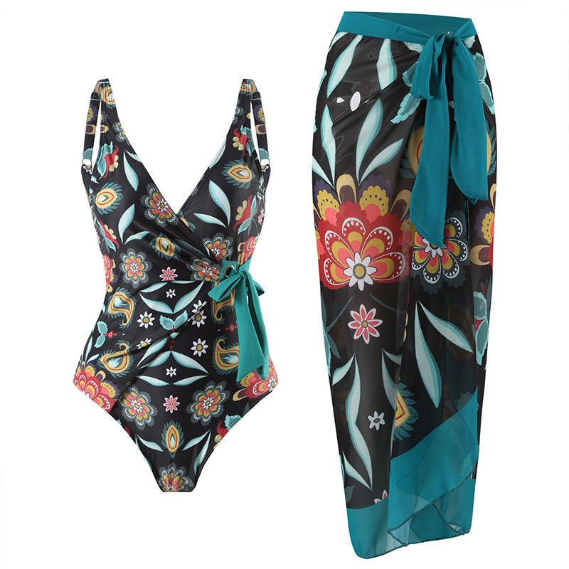 Damen Badeanzug mit floralem Wickelrock und femininem Design WW