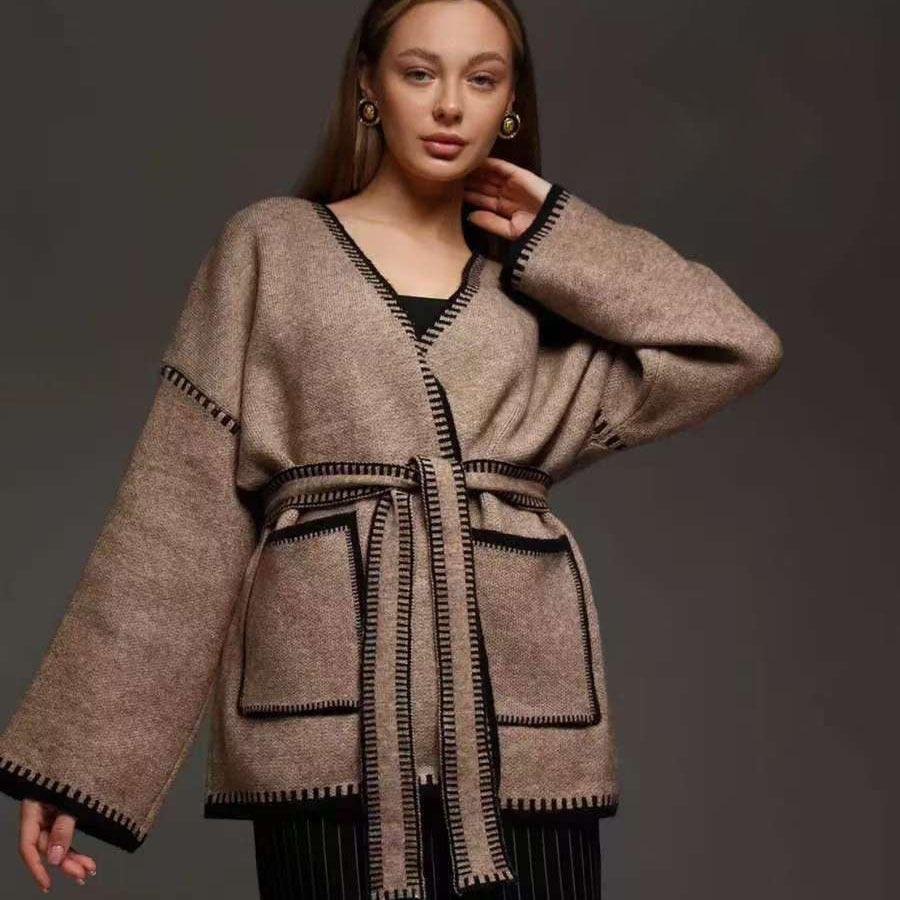 Damen Strickjacke mit Bund und großen Taschen WW
