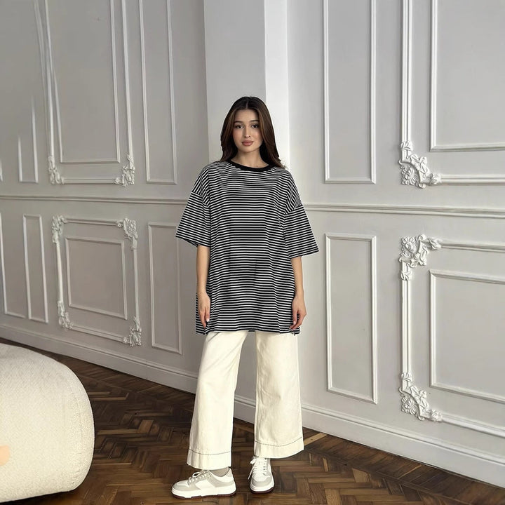 Damen Oversized Streifen-T-Shirt W&W Mode