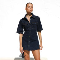 WW | Taschen Taille Gerafftes Hemd Jeanskleid