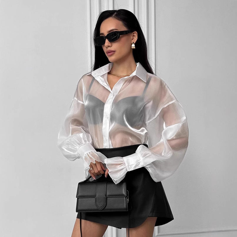 Damen Transparente Bluse mit voluminösen Ärmeln und eleganten Rüschendetails WW