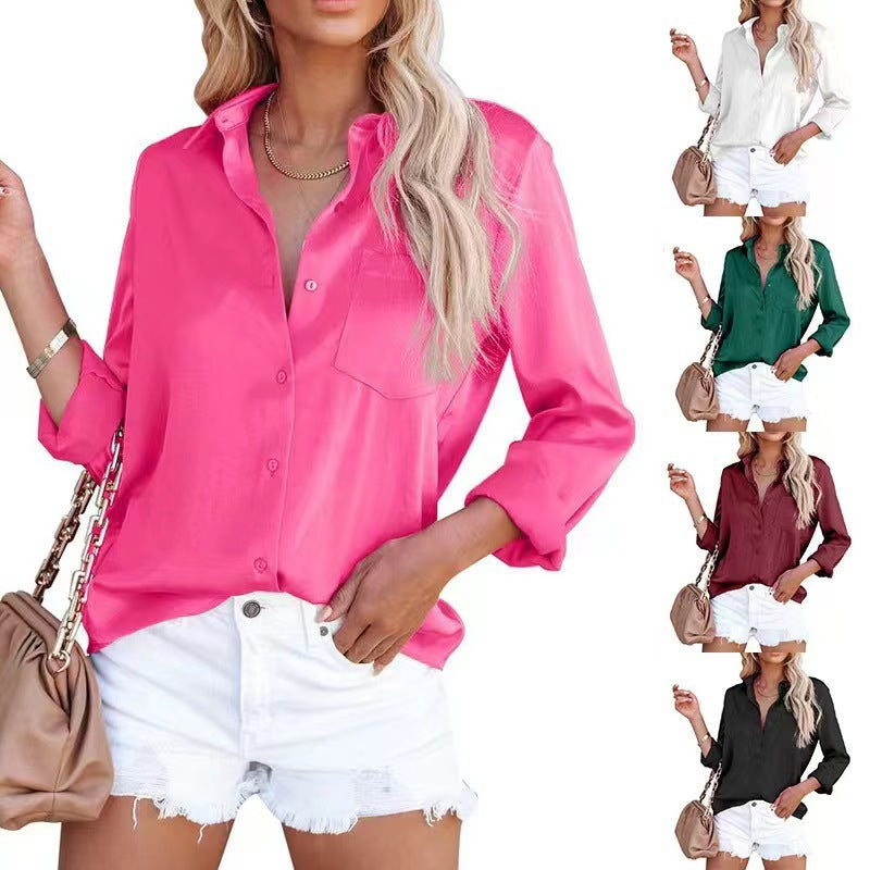 Damen Satin Bluse mit elegantem Schnitt und Brusttasche WW