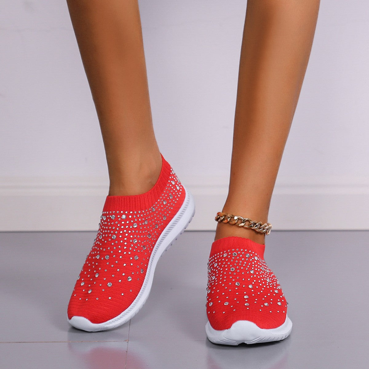 Damen Sneakers mit funkelnden Strass-Applikationen und elastischem Strick-Obermaterial WW