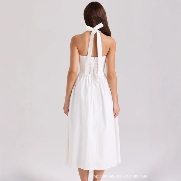 Damen Sommerkleid mit verstellbaren Trägern und floralen Applikationen WW