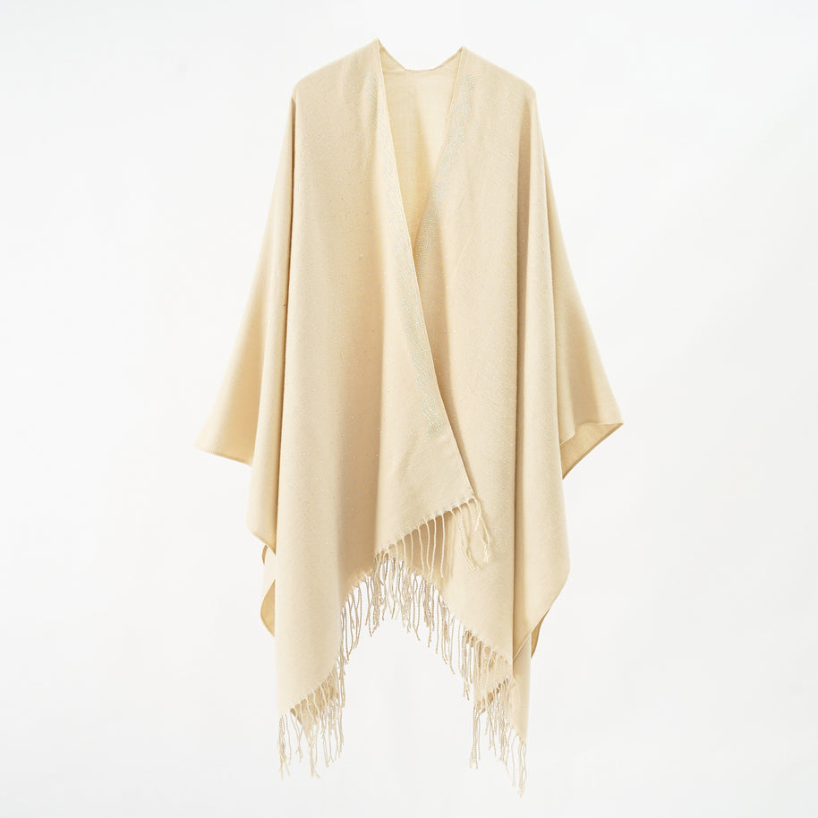 Damen Eleganter Poncho mit floralem Stickmuster und fransigen Kanten WW