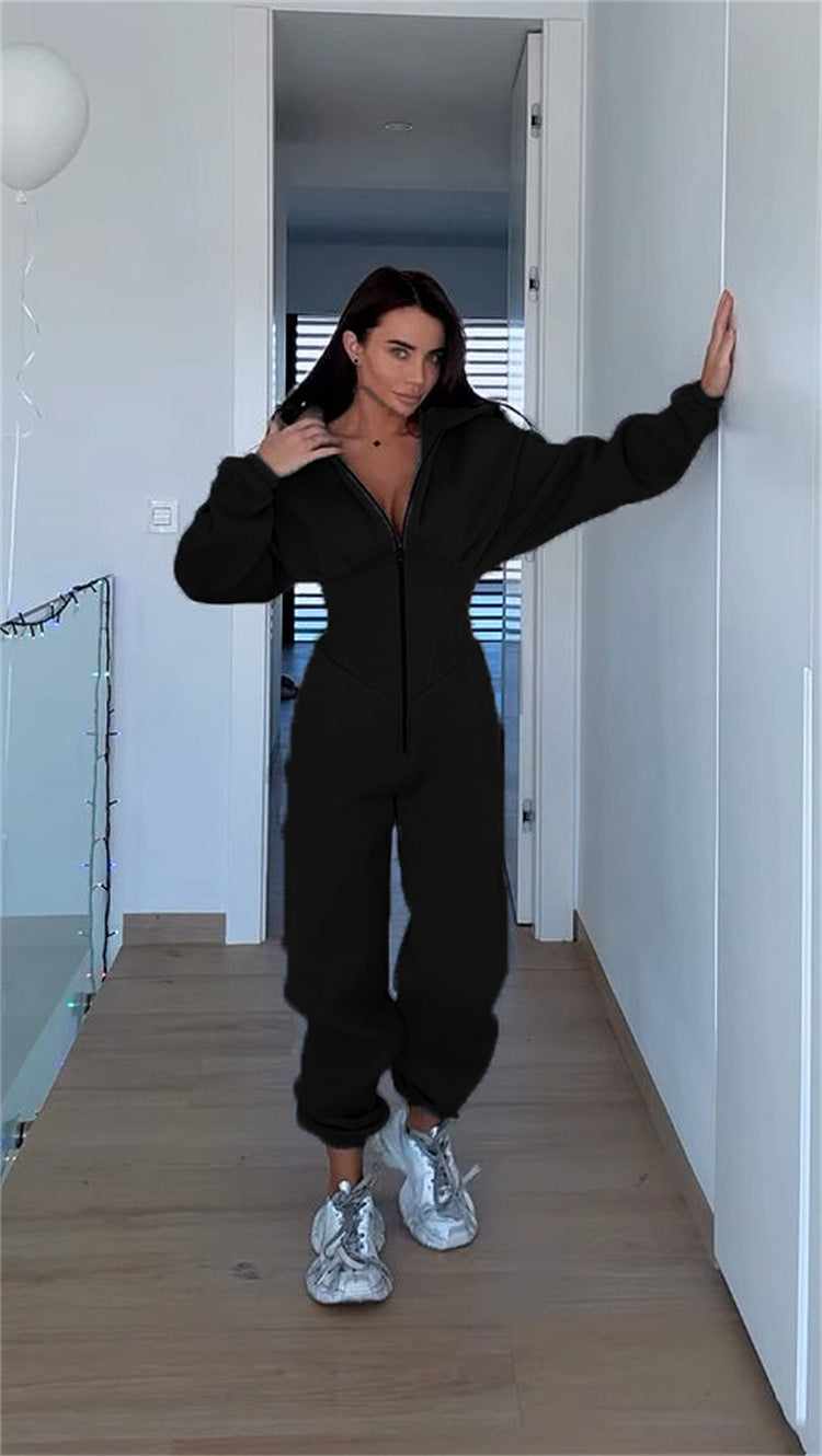 Damen Sportlicher Fleece-Jumpsuit mit hohem Kragen und trendiger Silhouette WW
