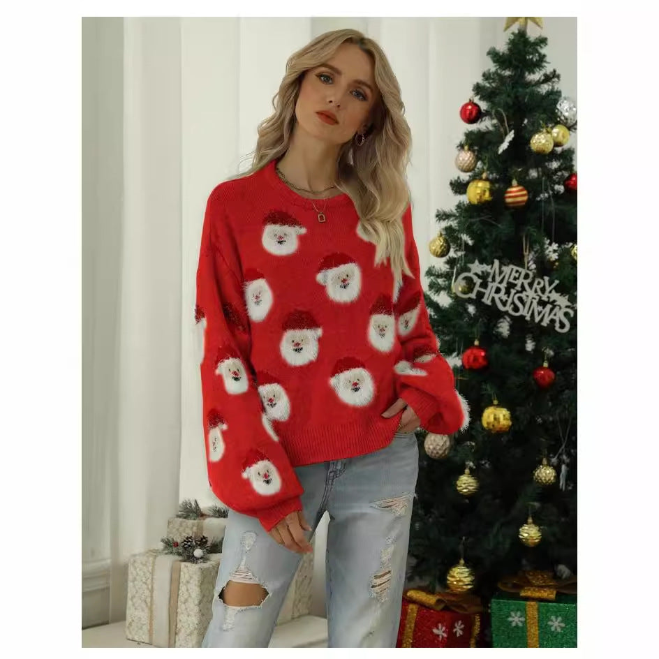 Damen festlicher Pullover mit weihnachtlichem Santa-Muster W&W Mode