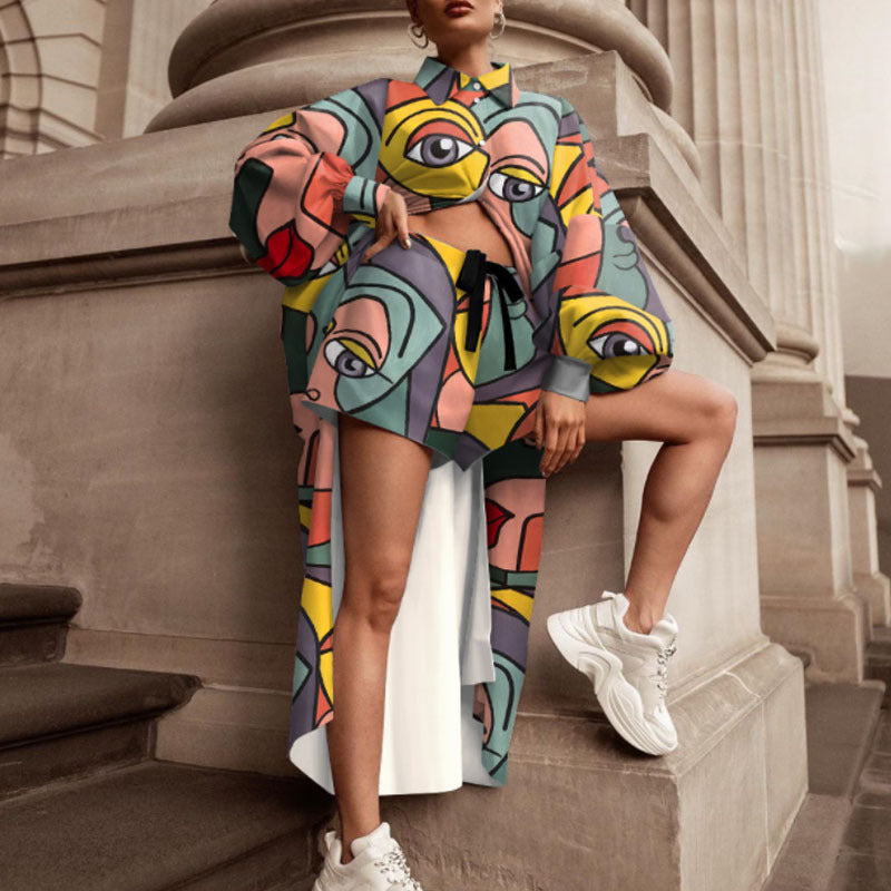 Damen Oversized Hemd mit grafischem Print und kurzer Hosenkombination WW