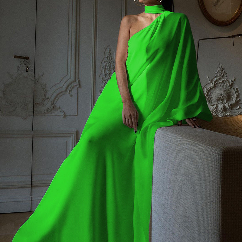 Damen elegantes One-Shoulder Abendkleid mit fließendem Stoff und schickem Kragen WW