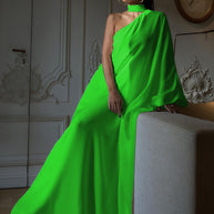 Damen elegantes One-Shoulder Abendkleid mit fließendem Stoff und schickem Kragen WW