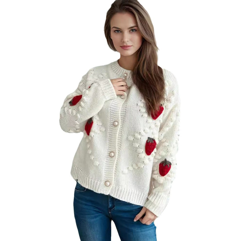 Damen Strickjacke mit verspieltem Erdbeermotiv und Knopfdetails WW