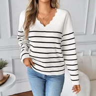 Damen Strickpullover mit V-Ausschnitt und modischem Streifenmuster WW