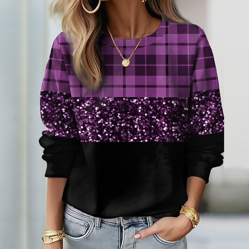Damen Glitzer-Sweatshirt mit Karomuster und lässigem Schnitt W&W Mode