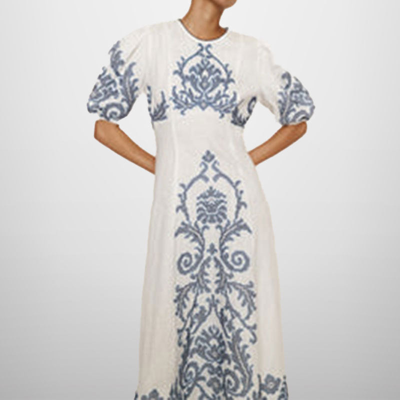 Damen Midikleid mit kunstvollem Stickmuster und voluminösen Ärmeln W&W Mode