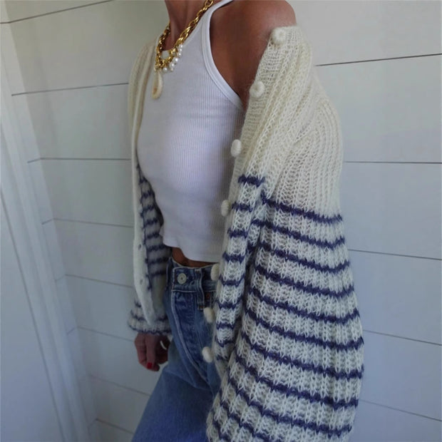 Damen Strickjacke im modernen Ringelmuster und lässigem Schnitt WW