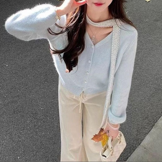 Damen Strickjacke mit dekorativen Spitzen-Details WW