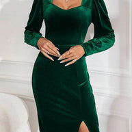 Damen Samt Kleid mit elegantem V-Ausschnitt und Puffärmeln WW