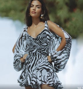 Damen romantisches Minikleid mit weich fließenden Ärmeln und Wickeloptik WW