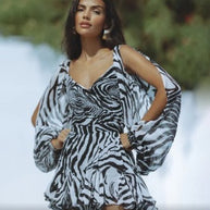 Damen romantisches Minikleid mit weich fließenden Ärmeln und Wickeloptik WW