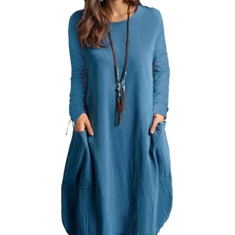 Damen lässiges Leinenkleid mit praktischen Seitentaschen und langen Ärmeln WW