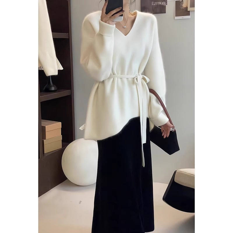 Damen Strickpullover mit V-Ausschnitt und Taillengürtel WW