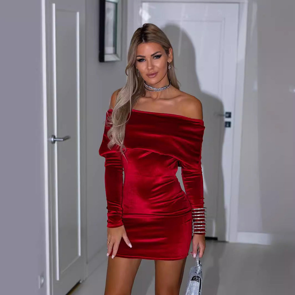 WW | Trägerloses Off-Shoulder Bodycon Samt Abendkleid