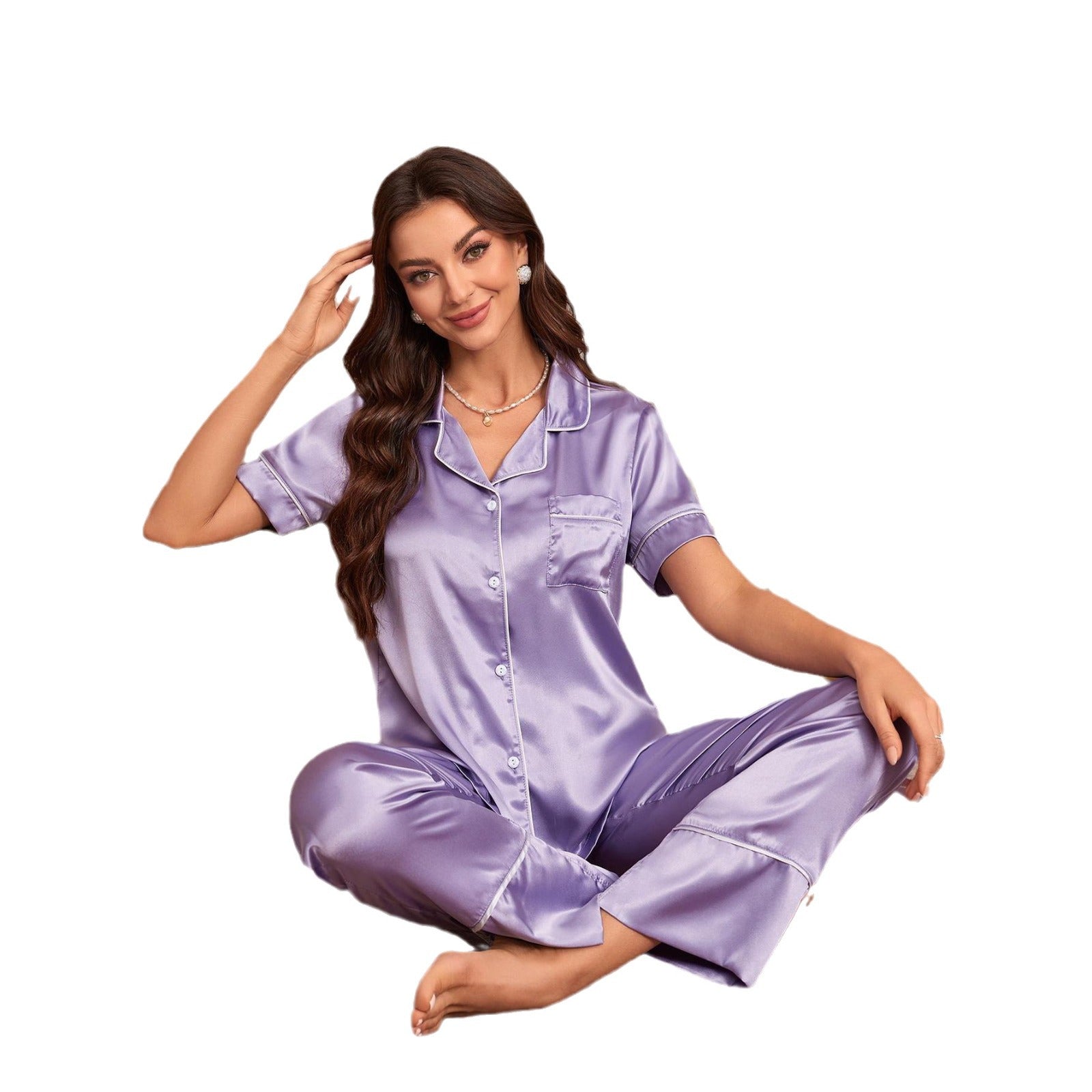 Damen Satin Pyjama-Set mit elegantem Kragen und Knopfleiste WW