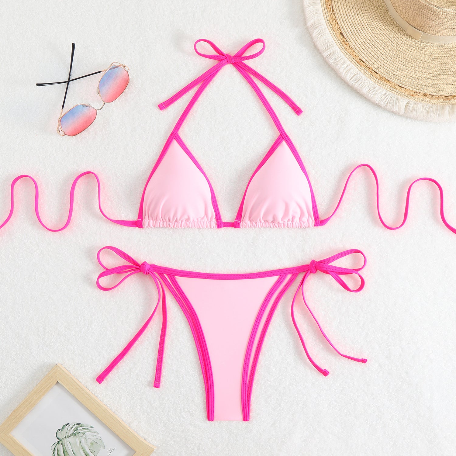 Damen Triangel-Bikini-Set mit verstellbaren Schleifen und kontrastierenden Akzenten WW