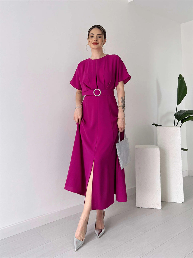 Damen Maxikleid mit Taillengürtel und puffärmeln WW