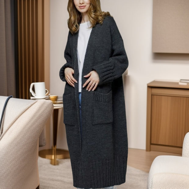 Damen bequemer langer Strickcardigan mit Taschen und breiten Ärmeln WW