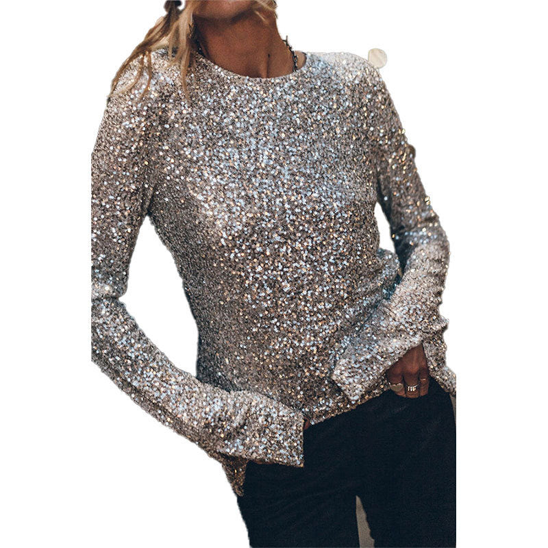 Damen Glitzerndes Oberteil mit langen Rüschenärmeln und allover Pailletten WW