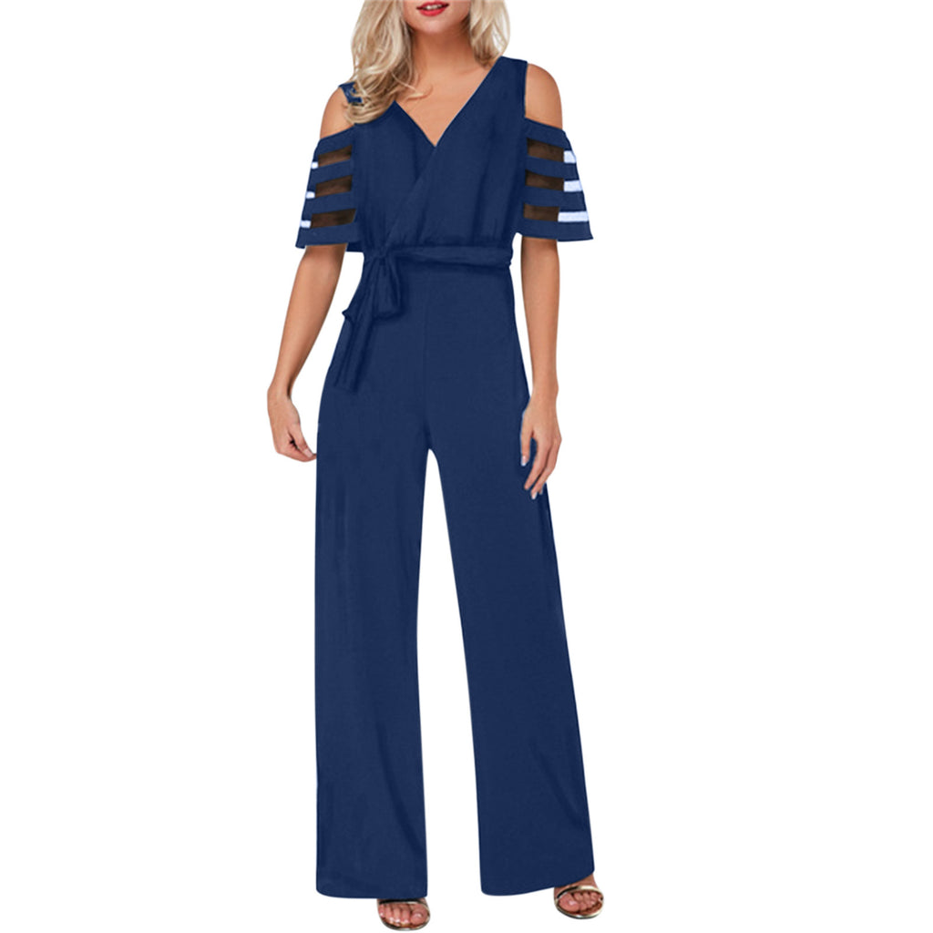 Damen Eleganter Jumpsuit mit transparenten Ärmel-Details und Taillengürtel WW