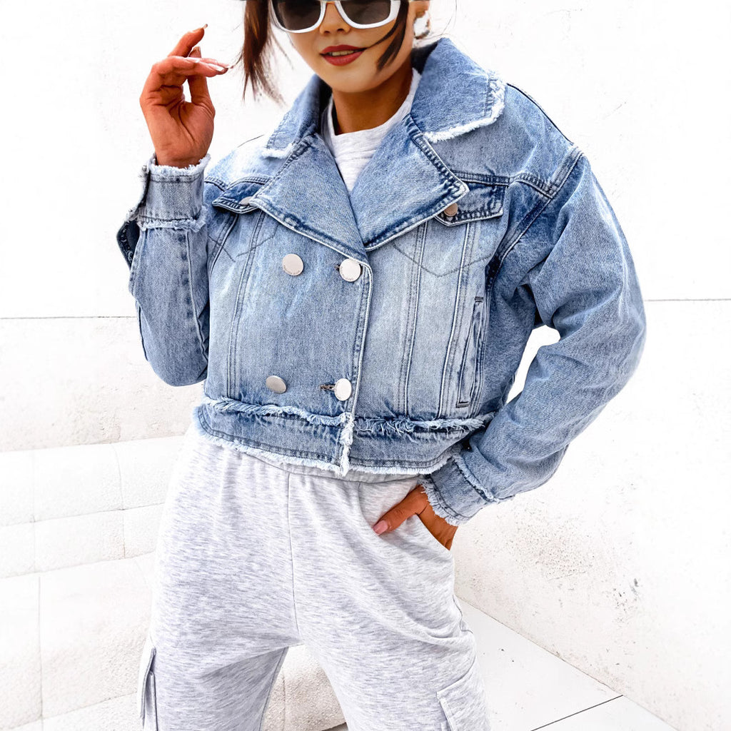 Damen Jeansjacke mit Fransen und doppelter Knopfleiste WW