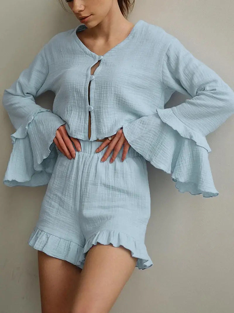 Damen Set aus luftiger Bluse und Shorts mit Volants WW