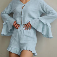 Damen Set aus luftiger Bluse und Shorts mit Volants WW
