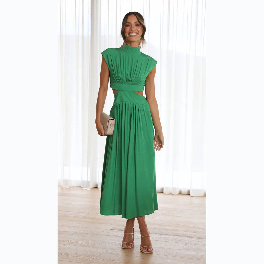 WW | Sweet Street Sommer Stehkragen Einfarbig Gekürztes Outfit Maxi Kleid