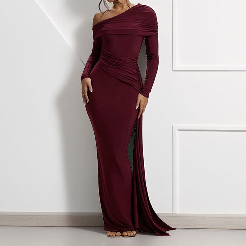 Damen Elegantes One-Shoulder Abendkleid mit figurformendem Schnitt und langen Ärmeln W&W Mode
