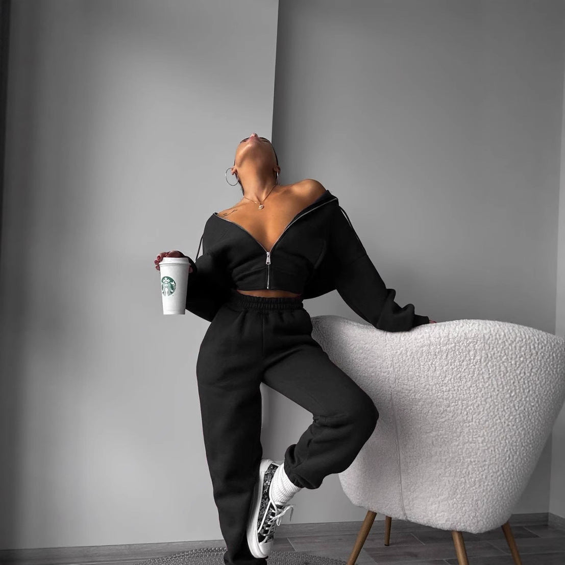 Damen sportliches Cropped-Set mit Weite und Reißverschluss WW