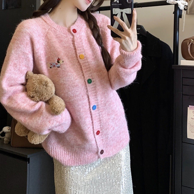 Damen Strickjacke mit bunten Knöpfen und gesticktem Motiv WW