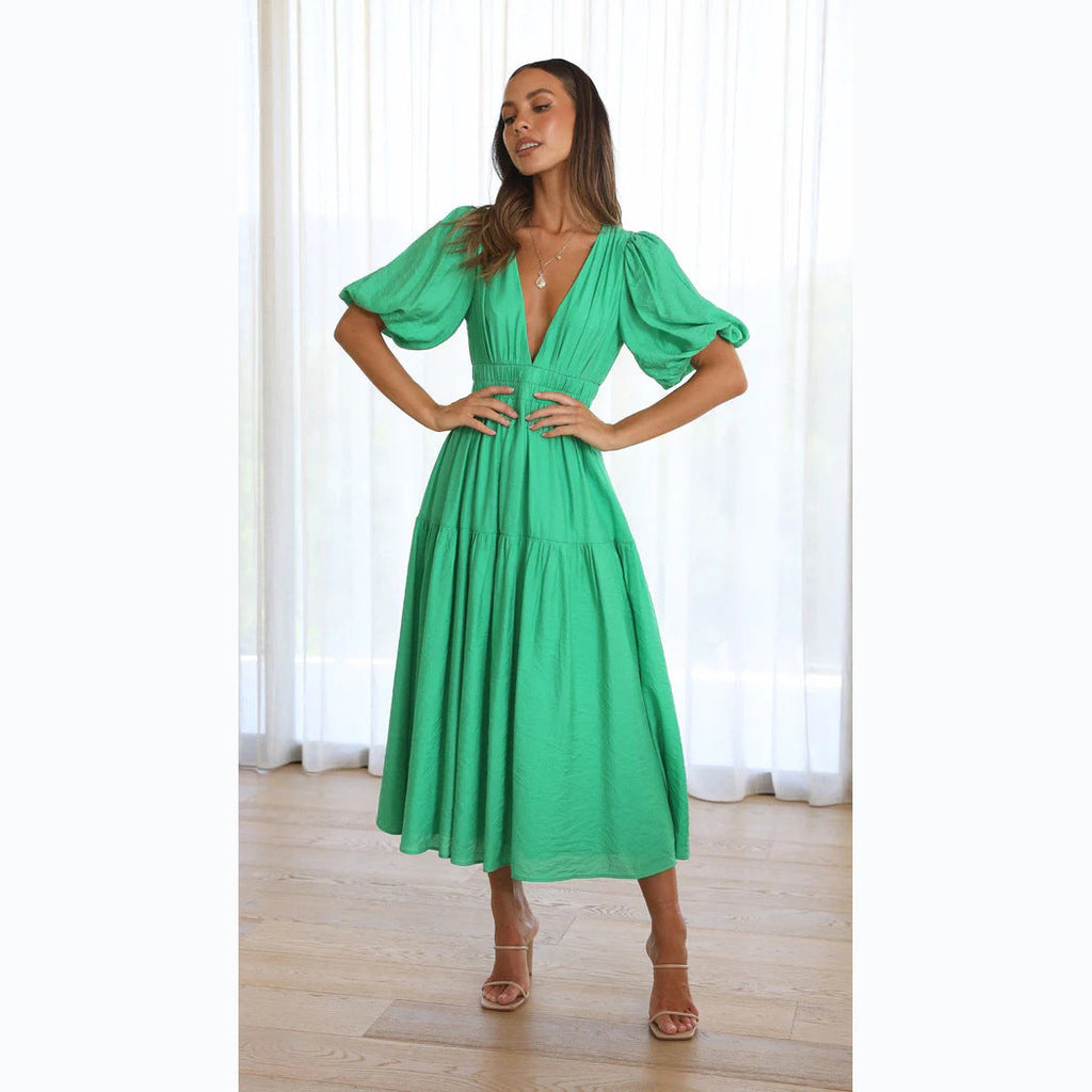 WW | Lässige Trends Sommer V-Ausschnitt Figurbetont Taillenkleid Midilänge