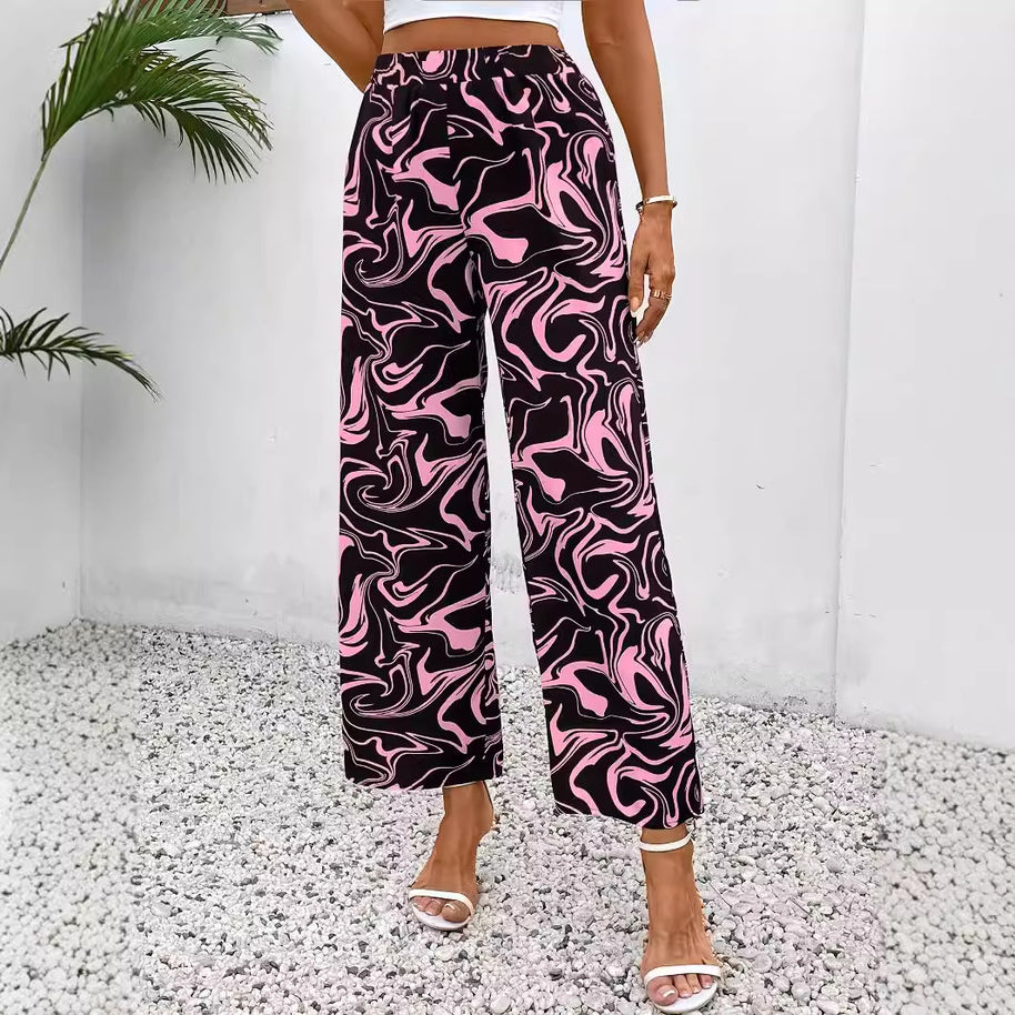 Damen Weite Palazzo-Hose mit modernem Marmorprint und elastischem Bund WW