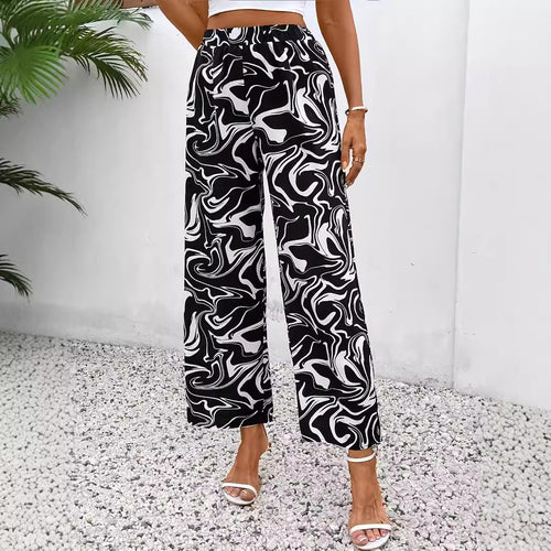 Damen Weite Palazzo-Hose mit modernem Marmorprint und elastischem Bund WW