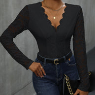 Damen Spitzenbody mit tiefem V-Ausschnitt und langen Ärmeln WW