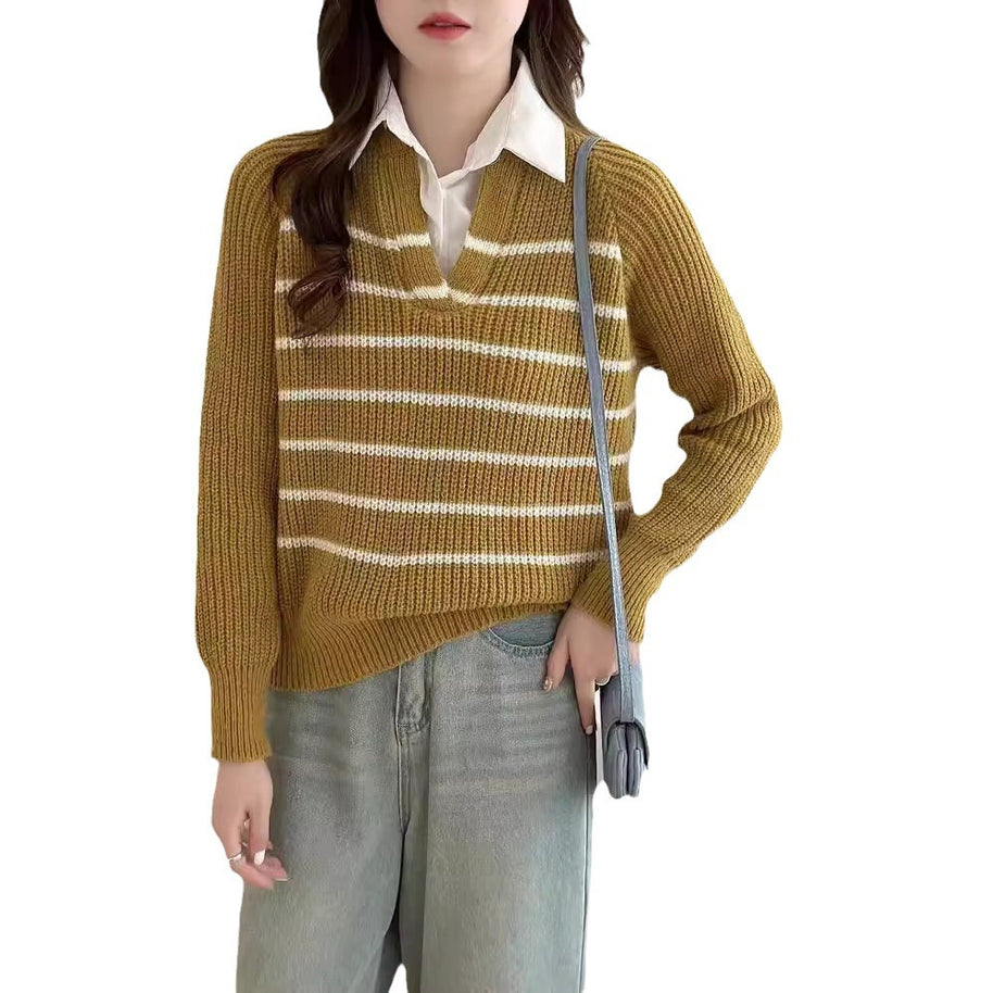 Damen Strickpullover mit V-Ausschnitt und gestreiftem Design WW